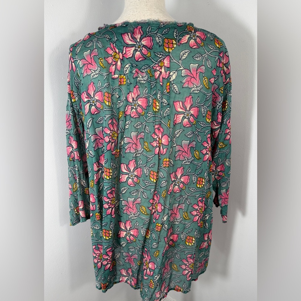 Natural Life Teal Colorful Floral Cotton Boho Summer Tunic Top - Picture 6 of 7